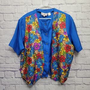 VTG 80s Bechamel Floral Vest Blouse‎ Plus Size 2X Bright Happycore Campy Retro